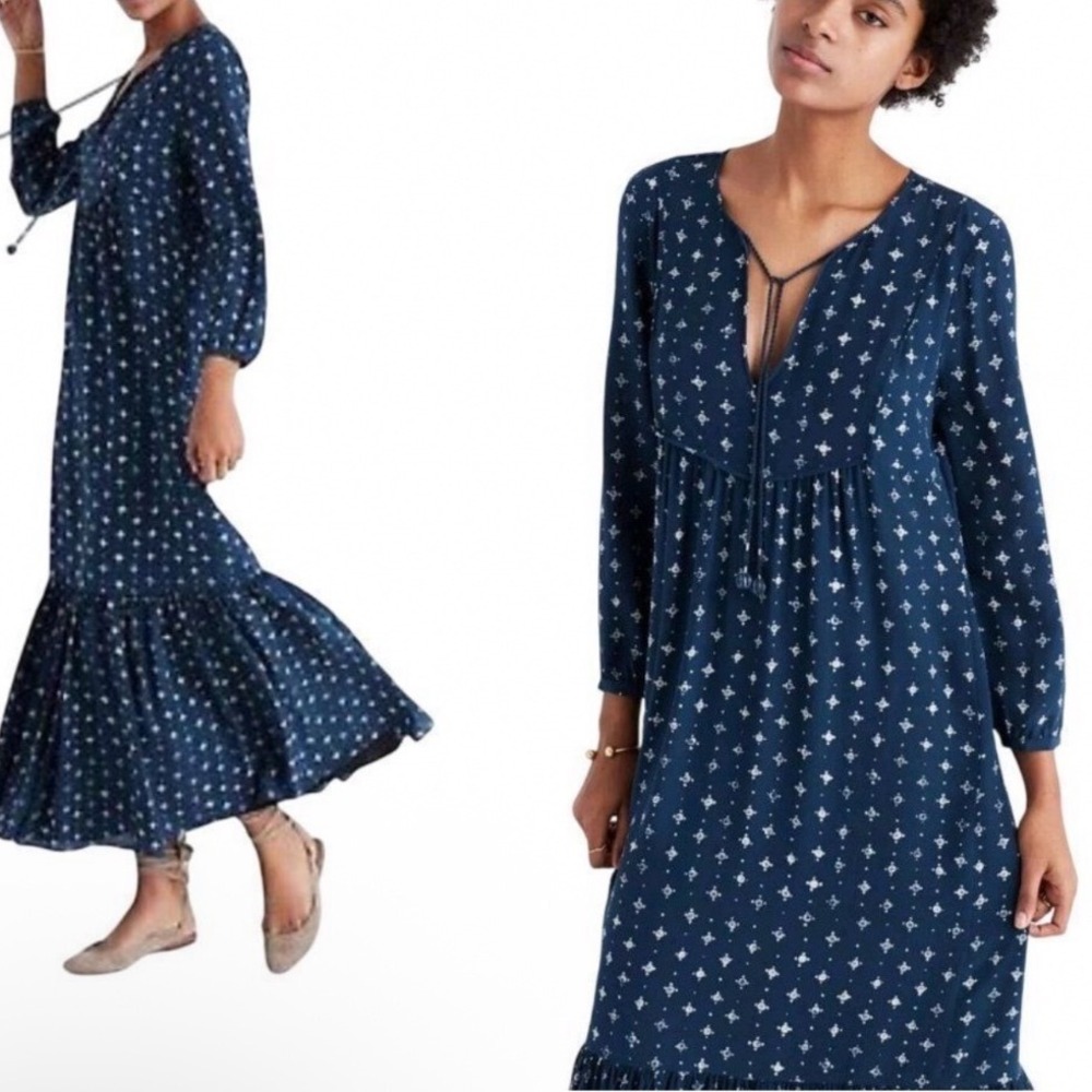 Madewell Women Navy Silk Geometric Print Tiered Maxi Dress Size 4
